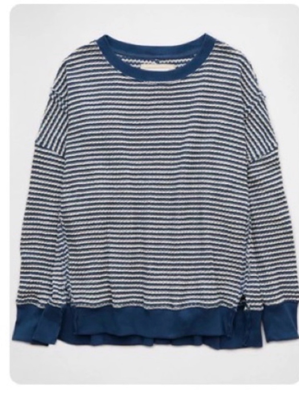 American Eagle Outfitters Navy & White Striped Waffle Crewneck Pullover, MEDUIM - Picture 6 of 16